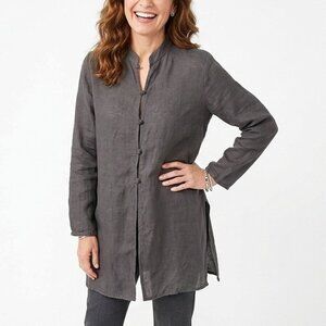 Eileen Fisher Italian Linen Blend Tunic Top Jacket Frog Closure Pockets Grey